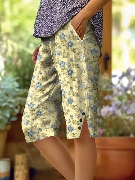 

Women Floral Fifth Pants Pants Casual Summer Trousers, Yellow, Pants