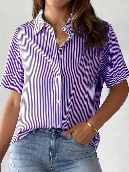 

Women Striped Short Sleeve Shirt Summer Printing Shirt Collar Daily Casual Top, Purple, Shirts
