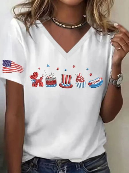 

Casual America Flag V Neck Short Sleeve T-shirt, White, T-shirts