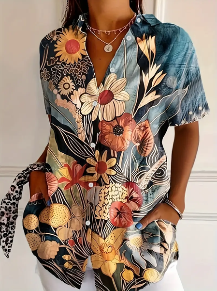 

Women Floral Short Sleeve Shirt Summer Printing Shirt Collar Daily Casual Top, As picture, Shirts