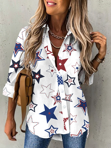

Women Star Long Sleeve Shirt Spring/Fall Printing Shirt Collar Daily Casual Top, White, Shirts