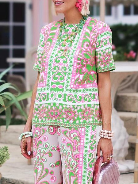 

Vacation Floral Printing Crew Neck Blouse, As picture, Blouses and Shirts