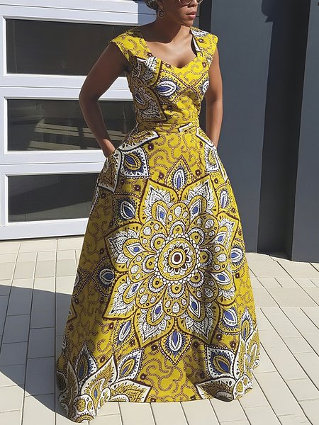 

Vacation Geometric Printing V Neck Maxi Dress, Yellow, Maxi Dresses