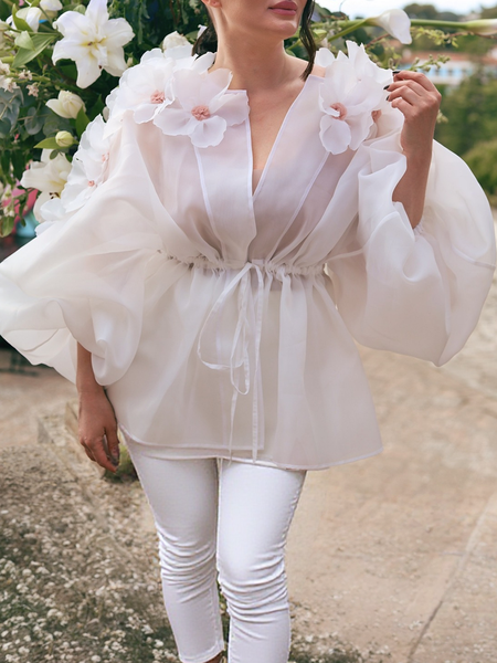 

Elegant Balloon Sleeve 3D Floral Plain V Neck Kimono, Off white, Kimonos
