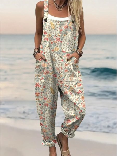 

Women Paisley Square Neck Gallus Casual Summer Cotton And Linen Jumpsuit, Apricot, Jumpsuits&Rompers