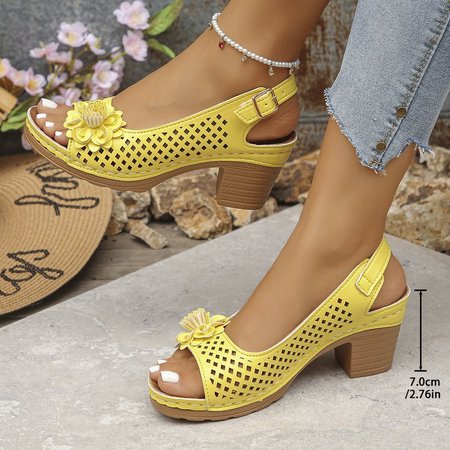 

Vintage Plain Adjustable Buckle Block Heel Slide Sandals, Yellow, Sandals