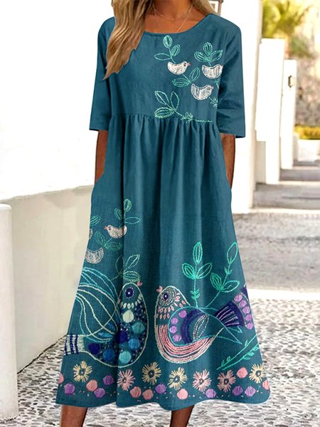

Women Floral Summer Dress Crew Neck Short Sleeve A-Line Dress, Purplish blue, Dresses