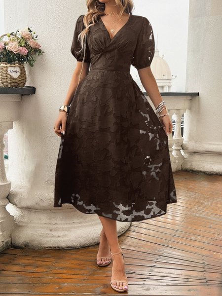 

Women Elegant Floral Summer Dress V Neck Short Sleeve A-Line Dress, Brown, Dresses