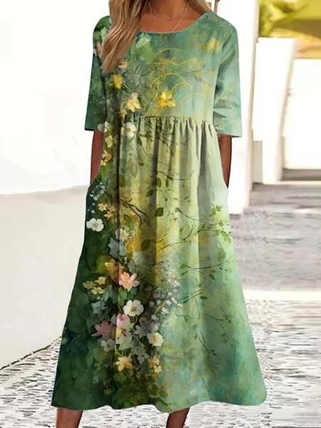 

Women Floral Summer Dress Crew Neck Short Sleeve A-Line Dress, As picture, Dresses