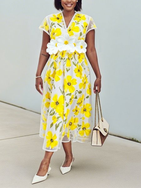 

Elegant Floral Printing V Neck Midi Dress With 3D Floral, Yellow, Midi Dresses