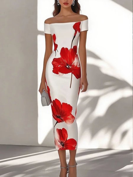 

Elegant Floral Off The Shoulder Midi Dress, Red, Midi Dresses