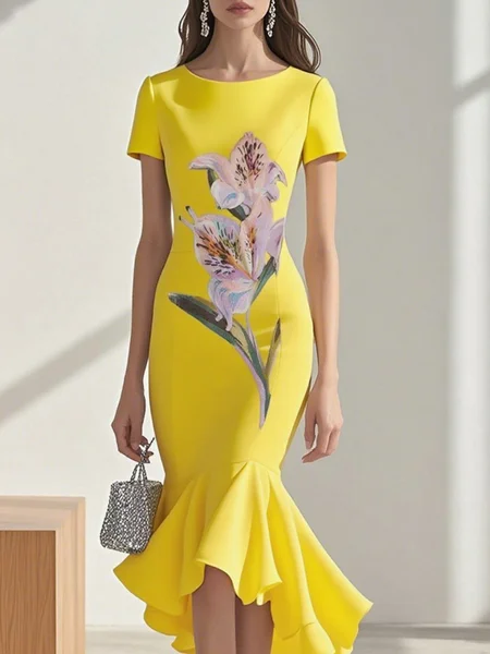 

Elegant Floral Printing Midi Dress, Yellow, Maxi Dresses