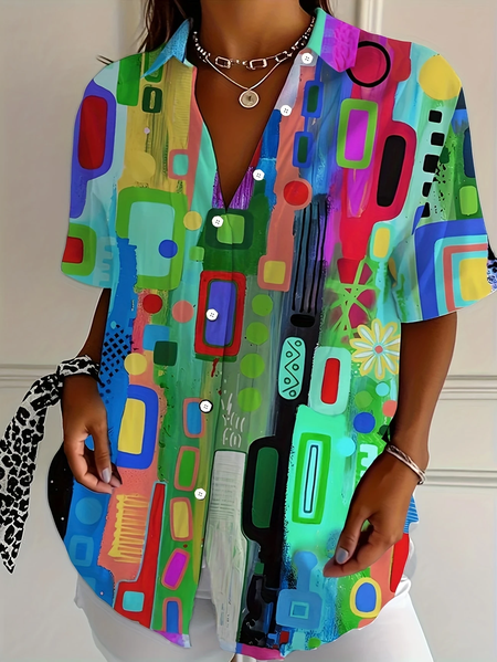 

Women Abstract Short Sleeve Shirt Summer Printing Shirt Collar Daily Casual Top, As picture, Shirts