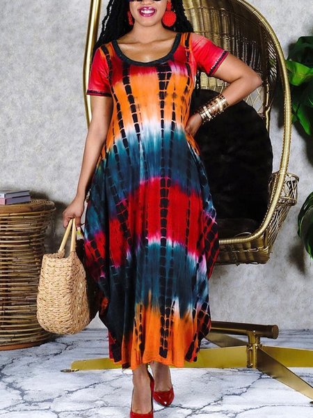 

Casual Tie-Dye Pattern Printing Crew Neck Maxi Dress, As picture, Maxi Dresses