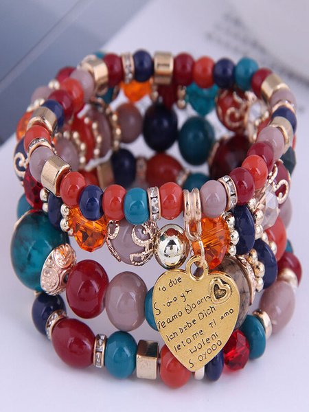 

Best-selling Bohemian Alloy Love Pendant Multi-layer Elastic Rope Beaded Bracelet, Reddish black, Bracelet Set