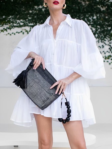 

Cotton Casual Balloon Sleeve Ruched Shirt Collar Mini Dress, White, Mini Dresses