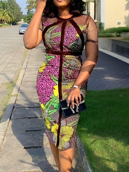 

Elegant Random Print Split Joint Crew Neck Knee Length Dress, As picture, Midi Dresses