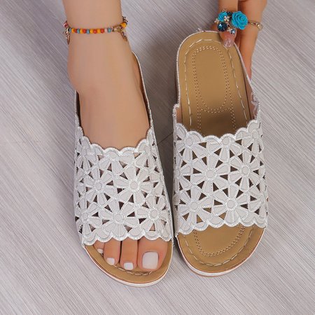 

Vintage Floral Slip On Flat Heel Slide Sandals, Silver, Sandals