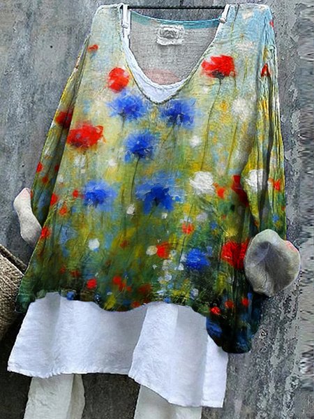 

V Neck Long Sleeve Floral Regular Micro-Elasticity Regular Fit Shirt For Women, Green, Shirts