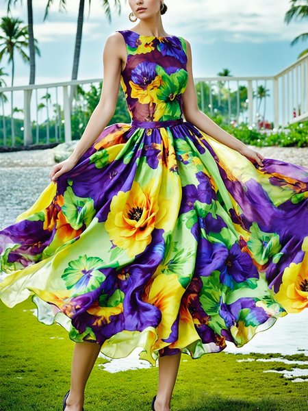 

Elegant Floral Printing Crew Neck Midi Dress, As picture, Midi Dresses