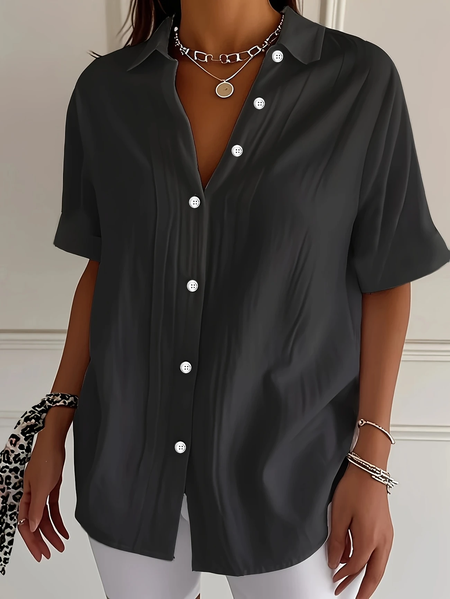 

Women Plain Short Sleeve Shirt Summer Printing Shirt Collar Daily Casual Top, Black, Shirts