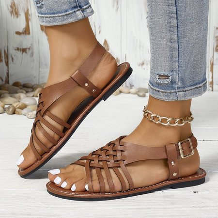 

Vintage Plain Adjustable Buckle Flat Heel Ankle Strap Sandals, Light brown, Sandals