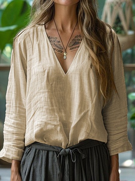 

Casual Plain V Neck Long Sleeve T-shirt, Camel, T-shirts