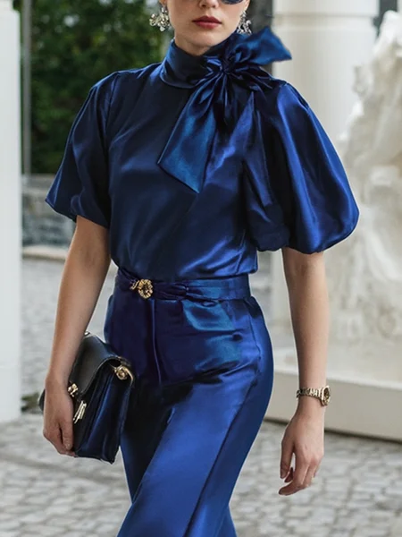 

Elegant Plain Bow Balloon Sleeve Blouse, Deep blue, Blouses and Shirts