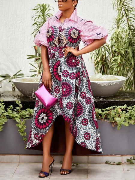 

Elegant Abstract Graphic Balloon Sleeve Irregular Craftsmanship Shirt Collar Maxi Dress, As picture, Maxi Dresses