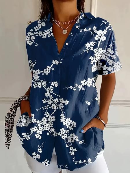 

Women Floral Short Sleeve Shirt Summer Printing Shirt Collar Daily Casual Top, Deep blue, Shirts