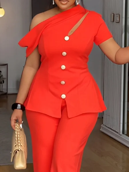 

Urban Plain Asymmetrical One Shoulder Sleeve Blouse, Orange red, Blouses and Shirts