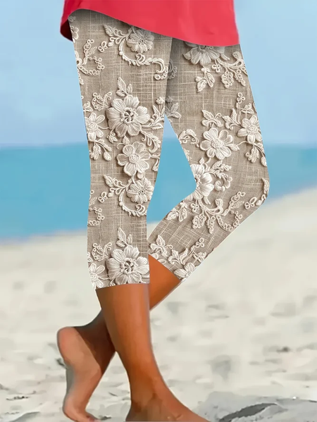 

Women Floral Capris Elastic Waist Pants Casual Summer Trousers, Apricot, Leggings