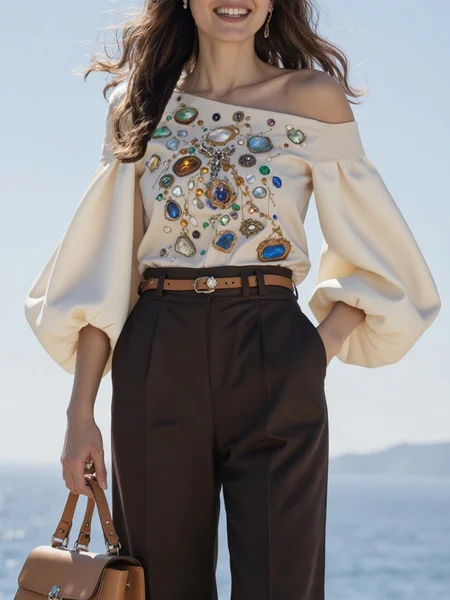 

Urban 3D Printing Printing Cold Shoulder Balloon Sleeve Blouse, As picture, Blouses and Shirts