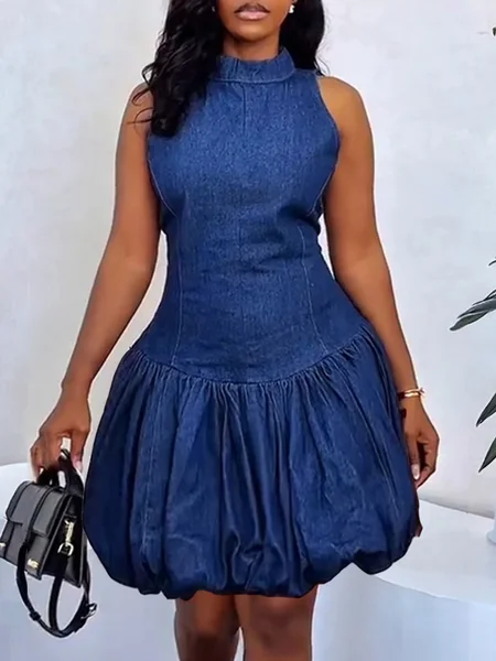 

Denim Urban Plain Ruched Crew Neck Mini Dress, Blue, Mini Dresses