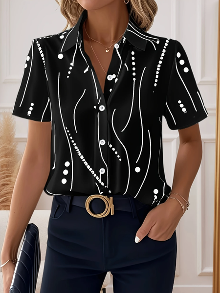 

Women Abstract Stripes Short Sleeve Shirt Summer Printing Shirt Collar Daily Casual Top, Black, Shirts