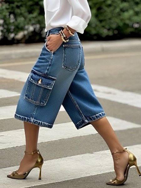 

Casual Plain Denim Cargo Wide leg Ankle Pants, Blue, Denim Shorts