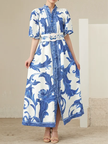 

Vacation Ethnic Geometry Maxi Dress With Belt, Blue, Maxi Dresses