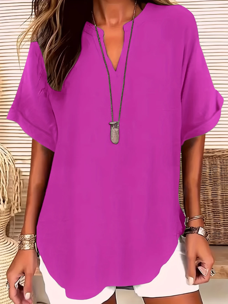 

Women Plain Short Sleeve Shirt Summer V Neck Daily Casual Top, Purple, Shirts