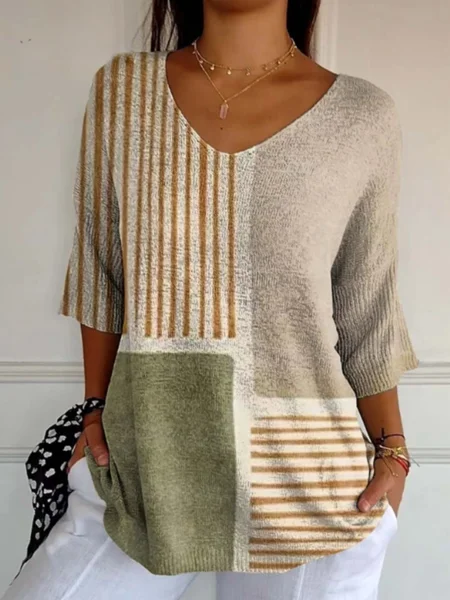 

Vintage Geometric Crew Neck Long Sleeve T-shirt, Khaki, T-shirts