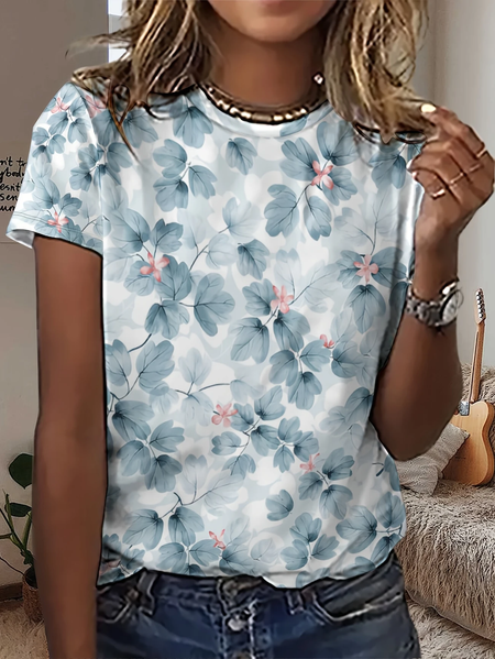 

Women Floral Short Sleeve Tee T-shirt Crew Neck Printing Casual Summer Graphic Tee Top, Blue, T-Shirts