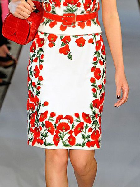 

Elegant Printing Floral Knee Length Skirt, As picture, Skirts