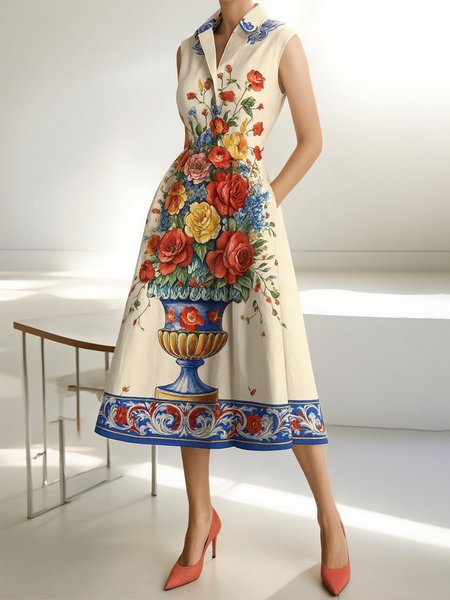 

Casual Floral Printing Shirt Collar Midi Dress, As picture, Midi Dresses