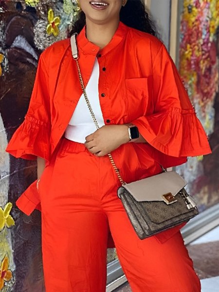 

Casual Plain Stand Collar Kimono, Orange red, Kimonos