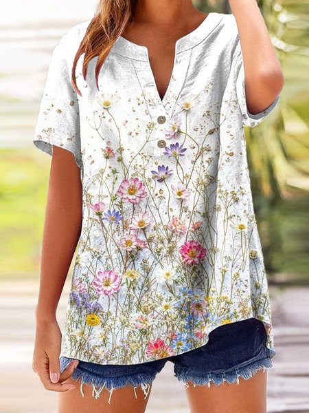 

V Neck Short Sleeve Floral Regular Micro-Elasticity Regular Fit Shirt For Women, White, Shirts