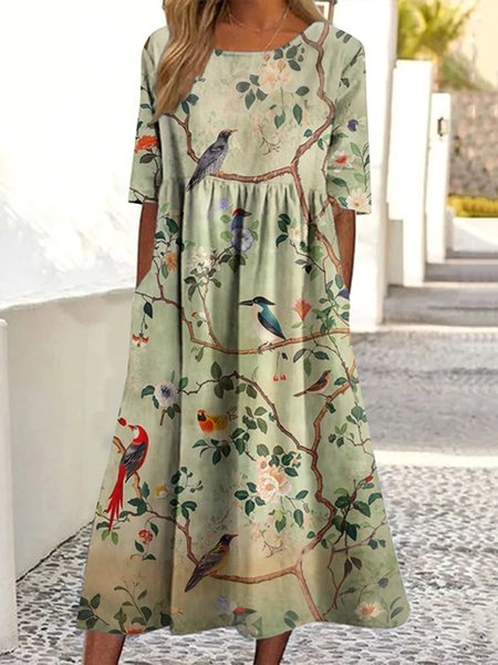 

Women Floral Summer Dress Crew Neck Short Sleeve A-Line Dress, Lightgreen, Maxi