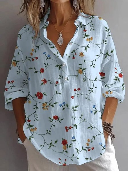 

V Neck Long Sleeve Floral Regular Micro-Elasticity Regular Fit Shirt For Women, Blue, Shirts