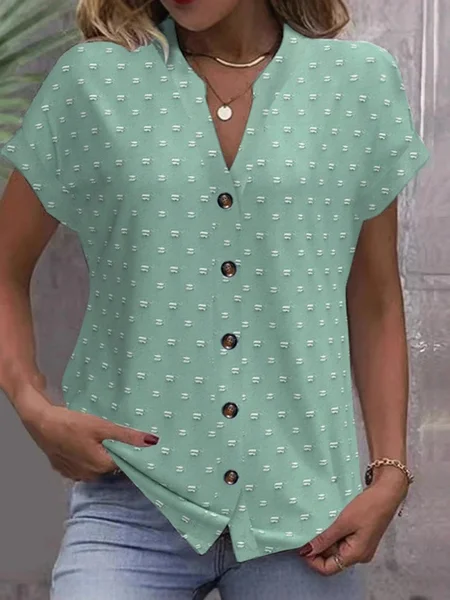 

Women Polka Dots Short Sleeve Tee T-shirt V Neck Jacquard Casual Summer Top, Green, T-Shirts