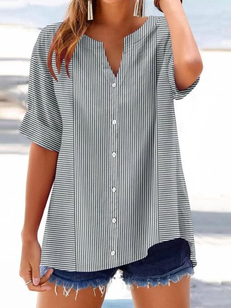 

V Neck Ethnic Cotton Shirt, Gray, Blouses & Shirts