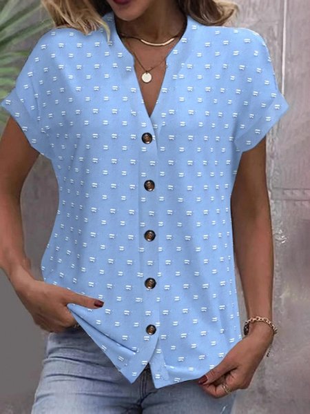 

Women Polka Dots Short Sleeve Tee T-shirt V Neck Jacquard Casual Summer Top, Blue, T-Shirts