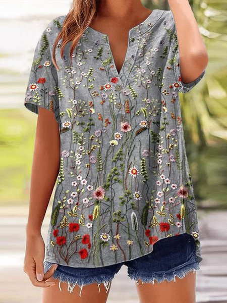

V Neck Short Sleeve Floral Regular Micro-Elasticity Regular Fit Shirt For Women, Gray, Shirts